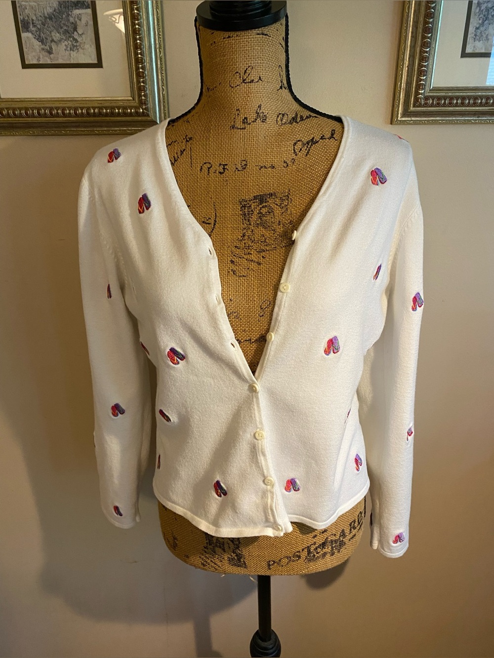 Vintage Etoile White Knit Cardigan Flip Flop Embroidered Sweater Women’s Size L